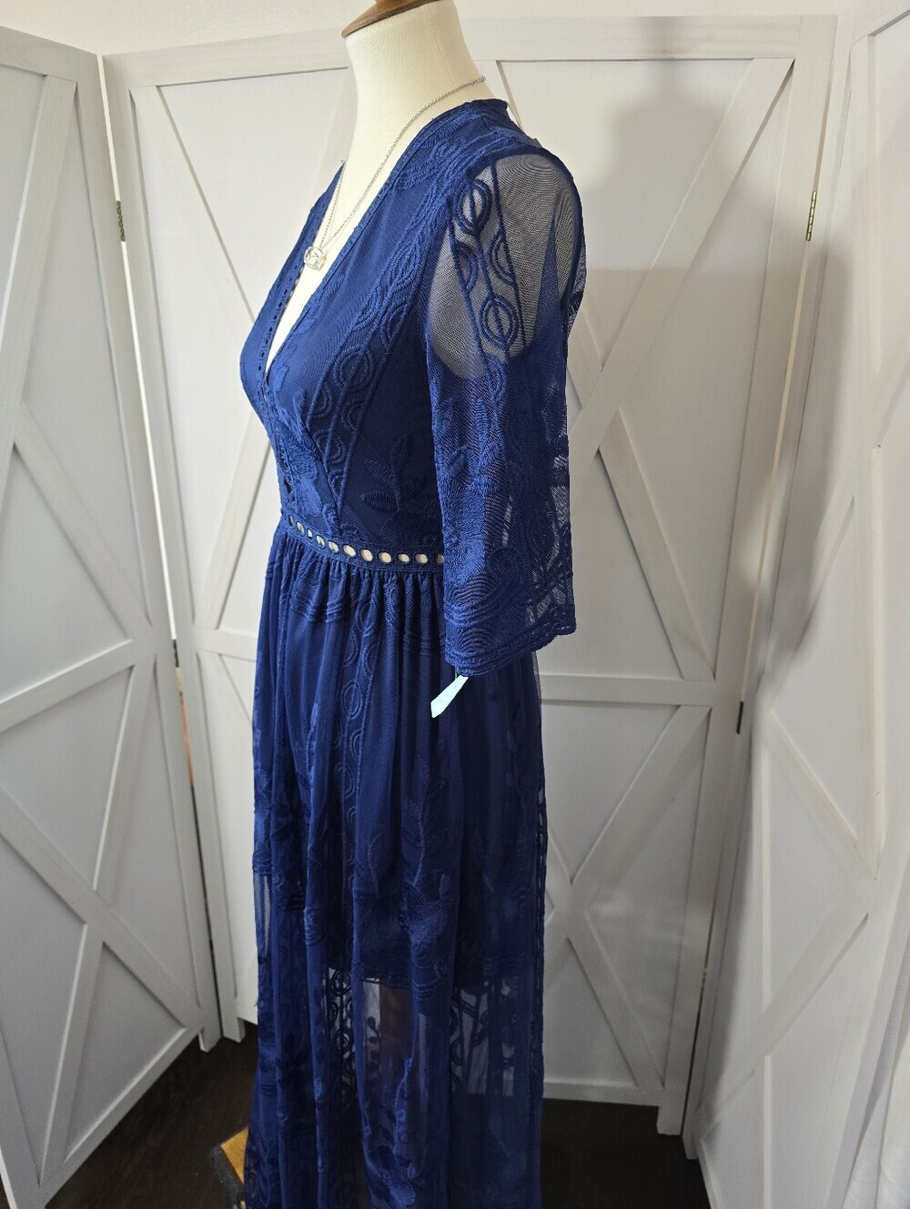 Southern Fried Chics Blue Floral Lace Boho V-Neckline Maxi Dress (NWT) - Picture 5 of 12